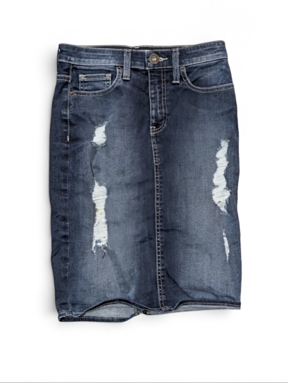 Guess Dark Indigo Distressed Straight Denim Skirt